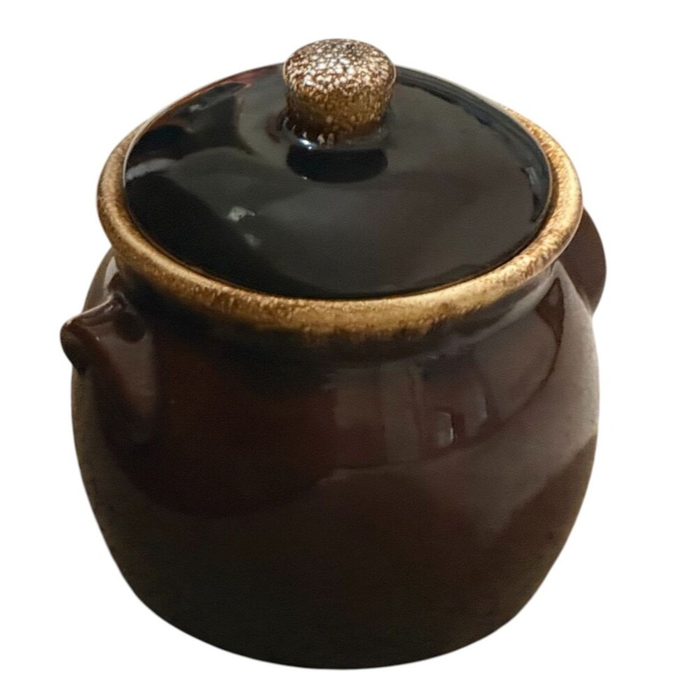 Vintage‎ Hull Pottery Bean Pot Brown Glaze Drip Lid Oven Proof Boston Baked USA